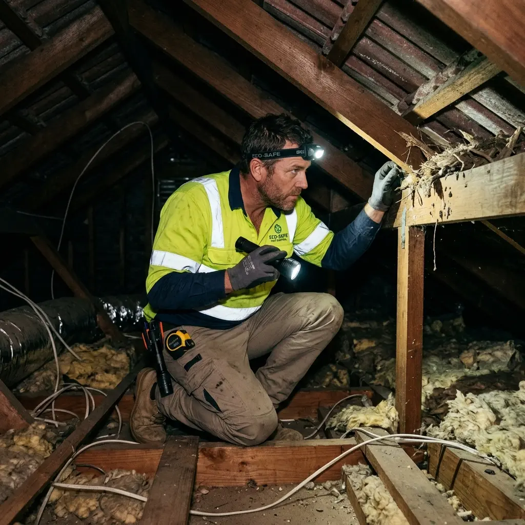 Technician inspecting a roof cavity for a dead animal in Hopetoun Park